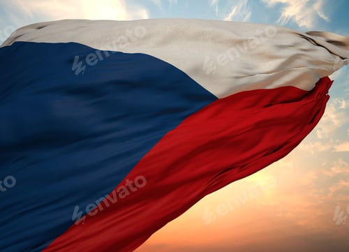 Preview: Closeup view of the flag of the Czech Republic on a background of sunset