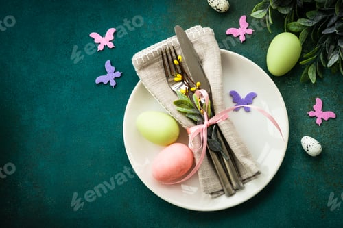 Preview: Easter table setting, Easter food background.