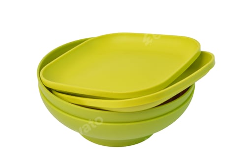 Preview: Klang,Malaysia:February 11, 2021- Green plates and bowls isolated on a white background.