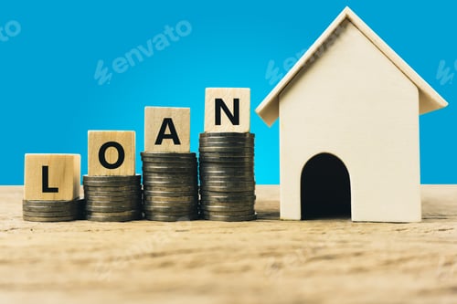 Preview: Home Loan Concept with Coins and Wooden House