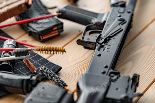 Preview: Black disassembled shotgun and cleaning tools on wooden table .