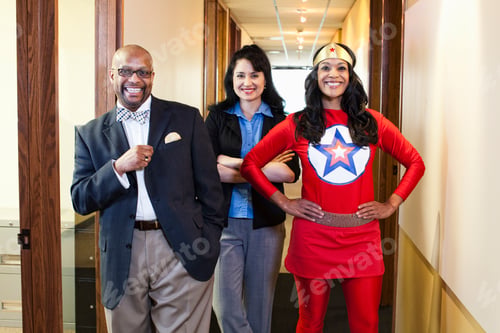 Preview: Black woman super hero and her team of mixed race office employees.