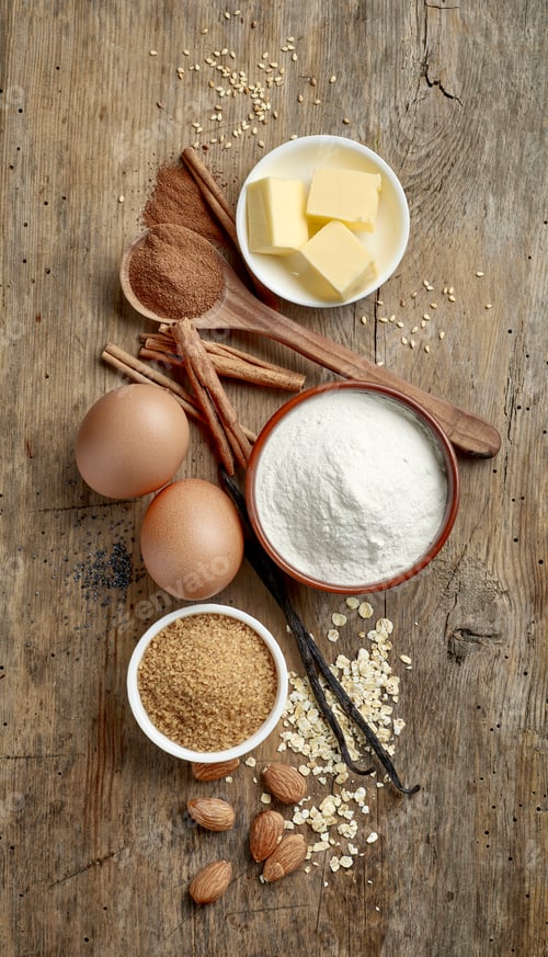Baking Ingredients Still Life on Wooden Surface