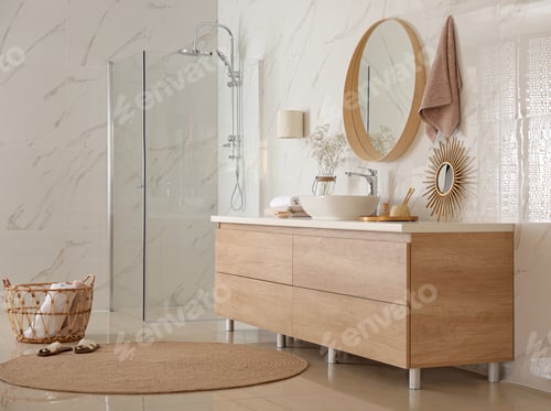 Preview: Modern bathroom interior with vessel sink and big mirror