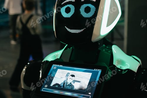 Vista previa: Robot futurista con diferentes expresiones faciales en exposición de tecnologías modernas.
N