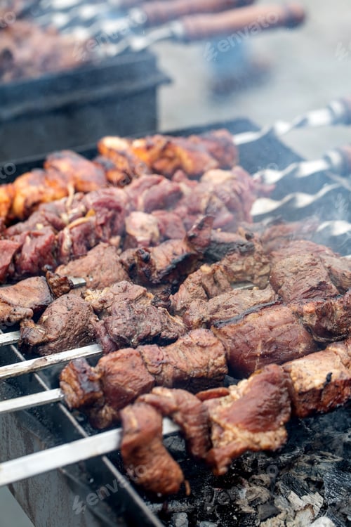 Preview: Juicy Meat Kebabs Grilling On Skewers