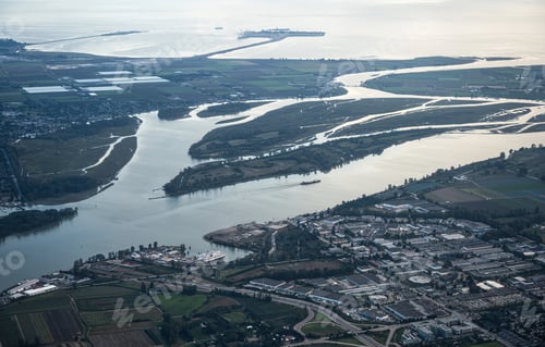 Preview: View from airplane with large river connected to the sea, port and downtown at Toronto