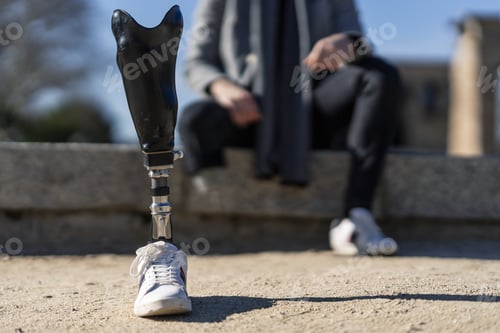 Preview: Closeup shot of a disabled young man with foot prosthesis sitting outdoor