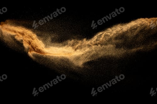 Preview: Dry river sand explosion.Brown color sand splash against black background.