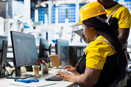 Preview: Technicians in photovoltaics factory reviewing solar panels assembly lines
