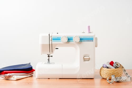 Preview: A sewing machine with colorful threads and fabric in a bright crafting space for creative projects