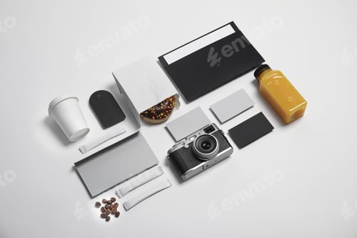 Preview: Composition with items for mock up design on light background. Food delivery service