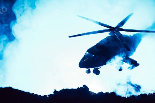 Preview: Battle scene with toy helicopter above battleground with smoke on blue background