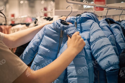 Preview: Children's jackets on hangers in a clothing store.