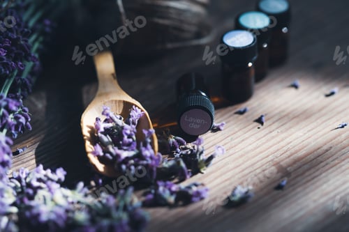 Preview: Bottle with aroma oil and lavender flowers on blue background