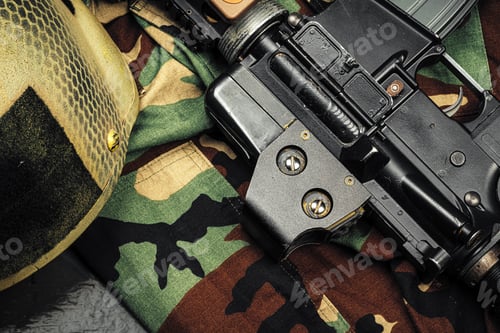 Preview: Khaki military uniform with ammunition close up