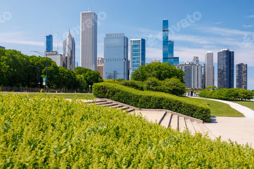 Preview: Vibrant sunny view of Chicago downtown skyline under a blue sky