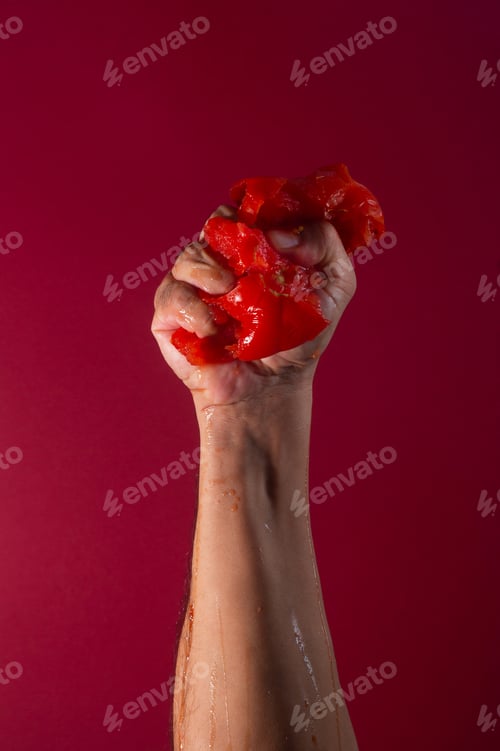 Preview: Tomato crushed by male hand on red background