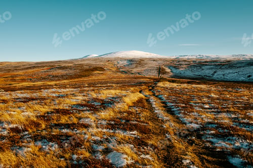 Preview: beautiful winter landscape snow view mountain Litjskarven from Killingdal Gruve Norway