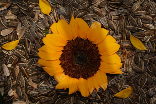 Preview: Above view shot of organic sunflower seeds and flower. Healthy eating, snacks concept.