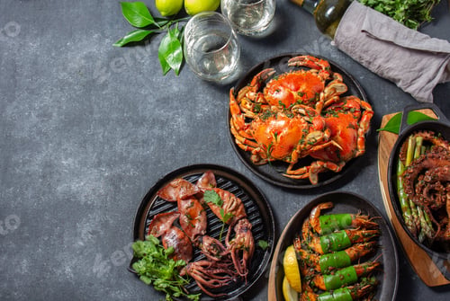 Preview: Set table with seafood dishes - cooked crabs, tiger shrimps, grilled octopus and squids on cast iron