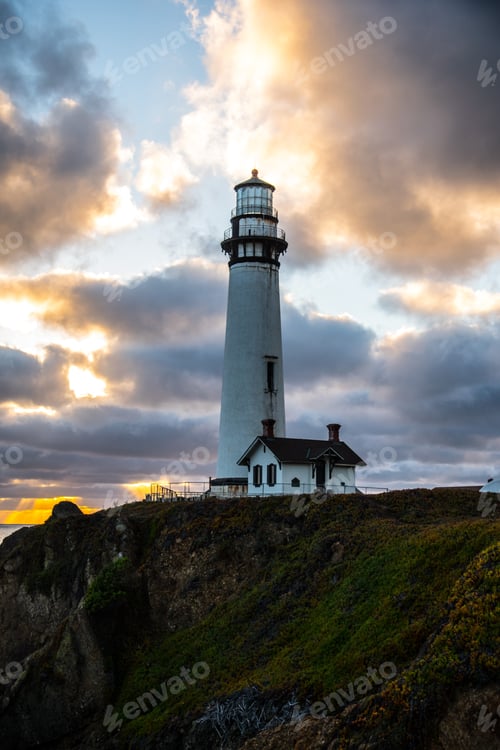 Preview: Vertical shot of Pigeon Point Lighthouse under a cloudy sky in Pescadero, California