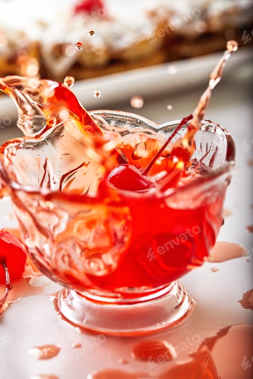 Preview: Cherry in sugar with a sprig drops in cherry syrup and makes a spray on a light background