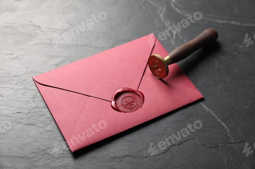 Preview: Envelope with wax seal and stamp on black table, closeup