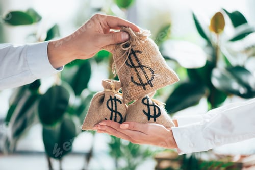 Preview: partial view of people holding sackcloth bag with dollar sign in hands