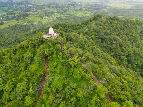 Preview: Aerial view of temple in beautiful green mountain landscapes