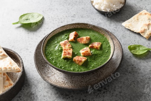 Preview: Palak Paneer served basmati rice on grey.