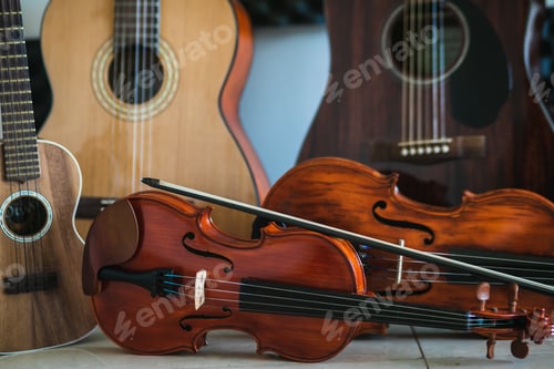 Preview: Closeup shot of different musical string instruments for a school of music