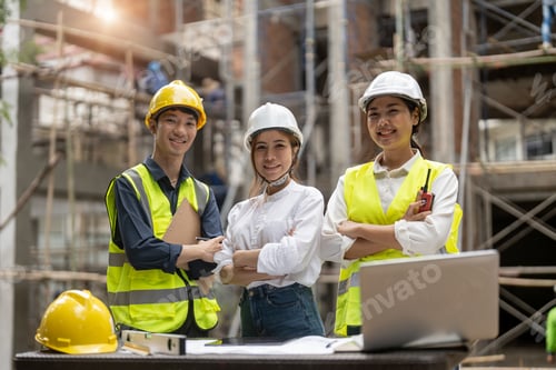 Preview: Portrait group of asian engineers and architect working on site.