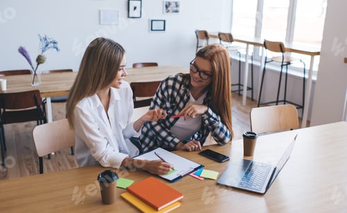 Preview: Cheerful women discussing business project while working in office