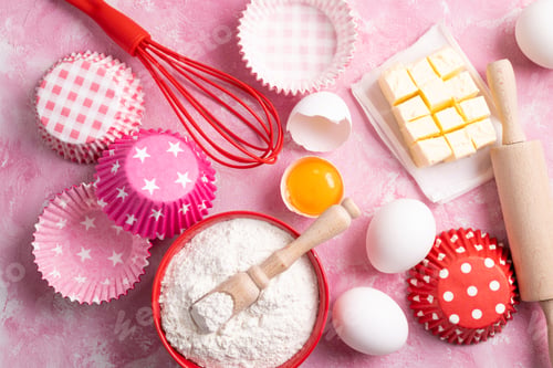 Preview: Baking or cooking background. Ingredients for baking cakes or muffins. Kitchen utensils