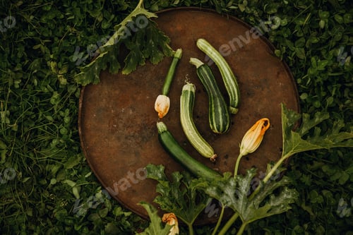 Preview: Zucchini, different in color and shape, on dish against the background of green grass