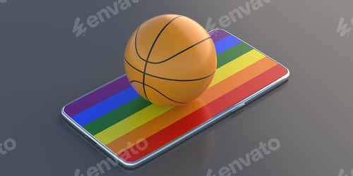 Preview: Basketball ball on rainbow flag display smartphone isolated on black background. 3d illustration