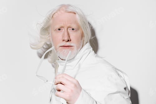 Preview: Elderly man with long white hair and beard wearing white clothing, holding glasses against a