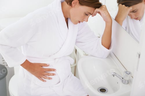 Preview: A pregnant woman struggling with morning sickness in the bathroom