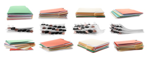 Preview: Documents in colorful file folders with binder clips isolated on white, set