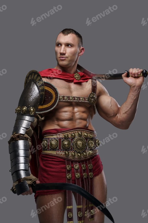 Preview: Roman gladiator dual wielding swords against grey background