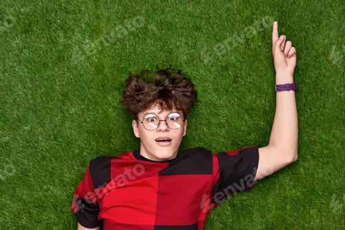 Preview: Amazed funny teenager having idea on grass