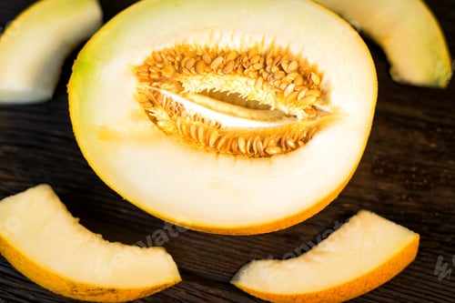 Preview: Fresh half of melon on wooden background, top view