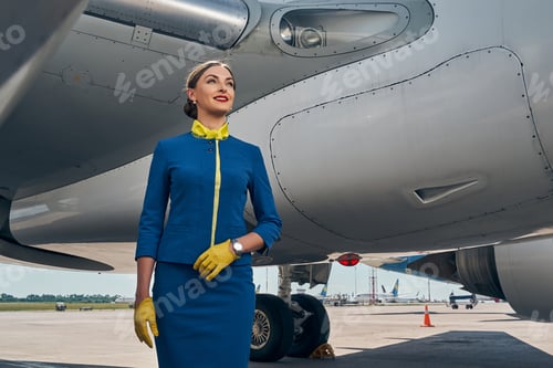 Preview: Joyous modern Caucasian flight attendant looking ahead