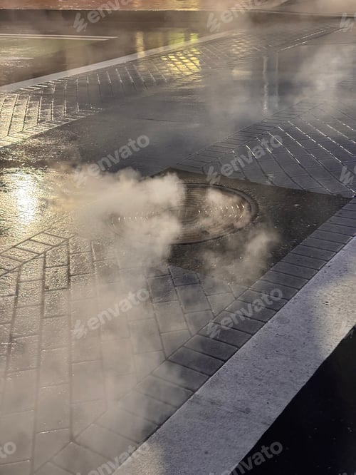 Preview: steam coming out of manhole on a wet street