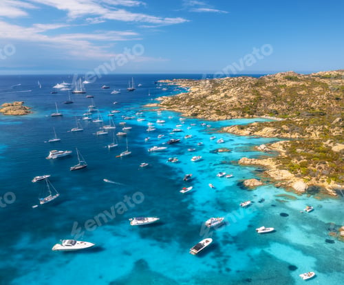 Preview: Aerial view of luxury yachts and boats on blue sea at sunny day
