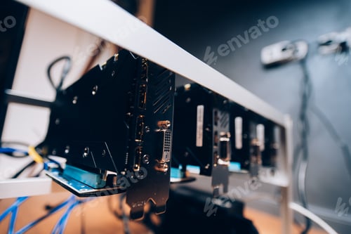 Preview: close up details of modern graphics cards mining rig used for creating bitcoin digital currency