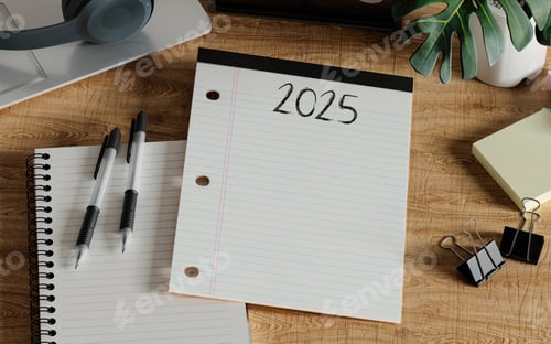 Preview: 2025 lined paper and stationery on wooden desk, 3D render.