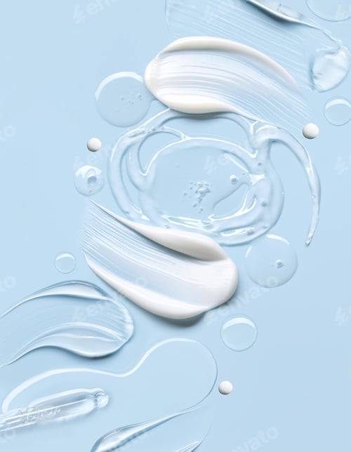 Preview: samples of cosmetic care products smear of cream and gel texture on a light blue background