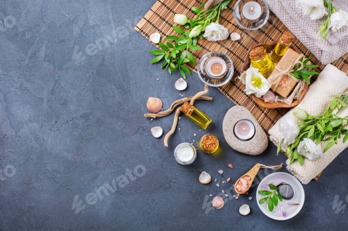 Preview: Spa wellness setting concept with spring flowers, black background